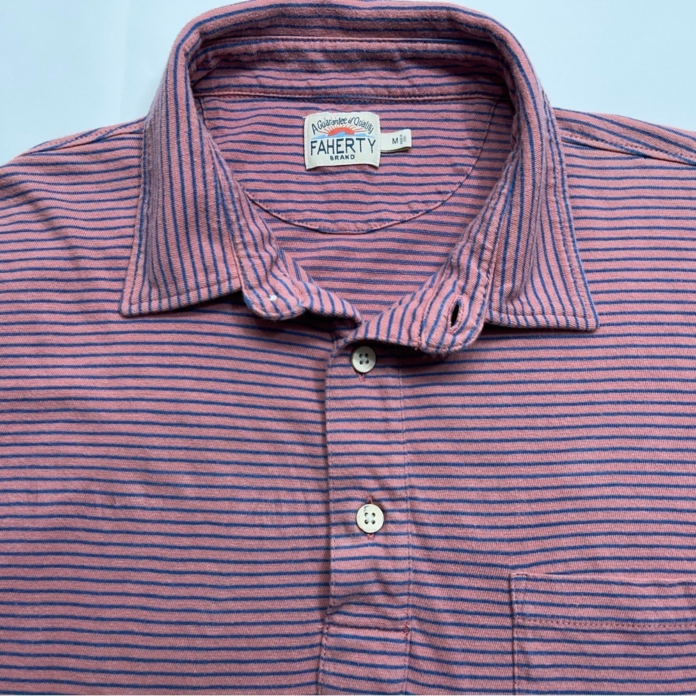 Faherty Polo Shirt Mens Size Medium Short Sleeve Pink Striped Golf Preppy
